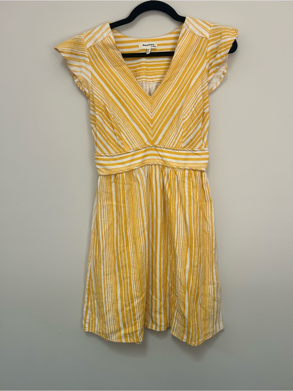 Monteau Yellow Striped V-Neck Linen Mini Dress